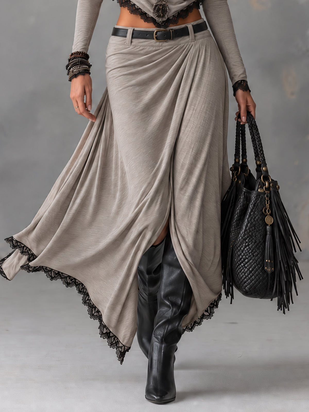 Grey stretch mock-neck cropped top and slit maxi skirt set（Belt included）