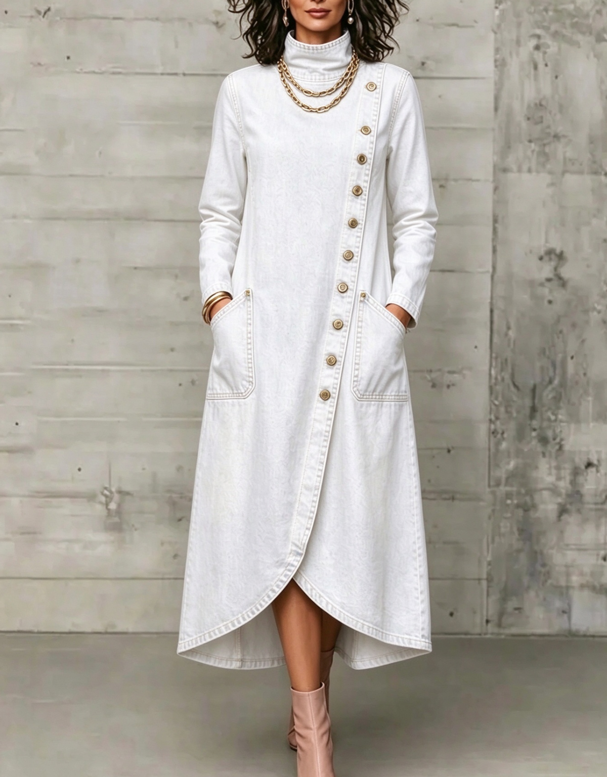 High Neck Diagonal Button Large Pocket Denim Maxi Dress