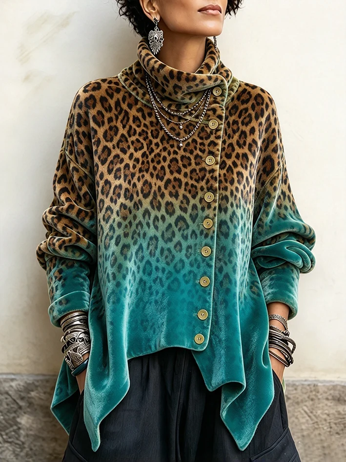 Chic Velvet Asymmetric Button Turtleneck Top