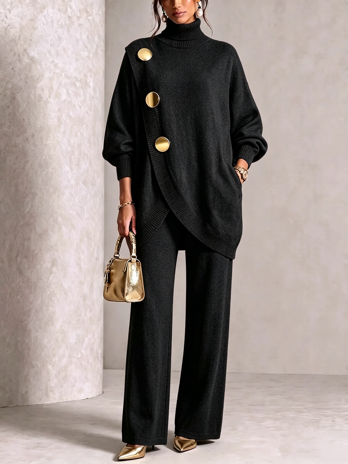 Elegant Knit Asymmetrical Button Set