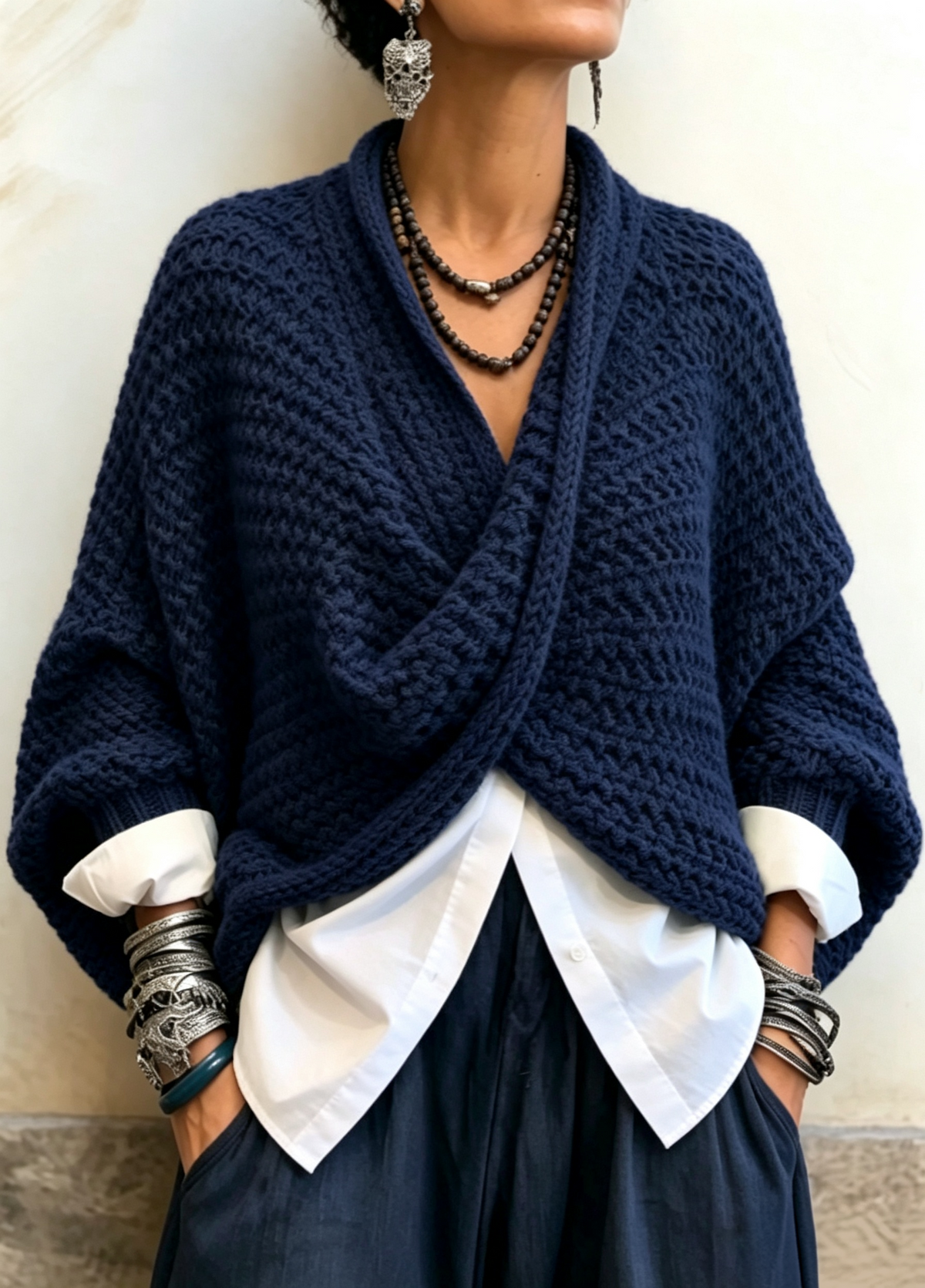 Cozy Relaxed Batwing Sleeves Crossover V-neck Sweater