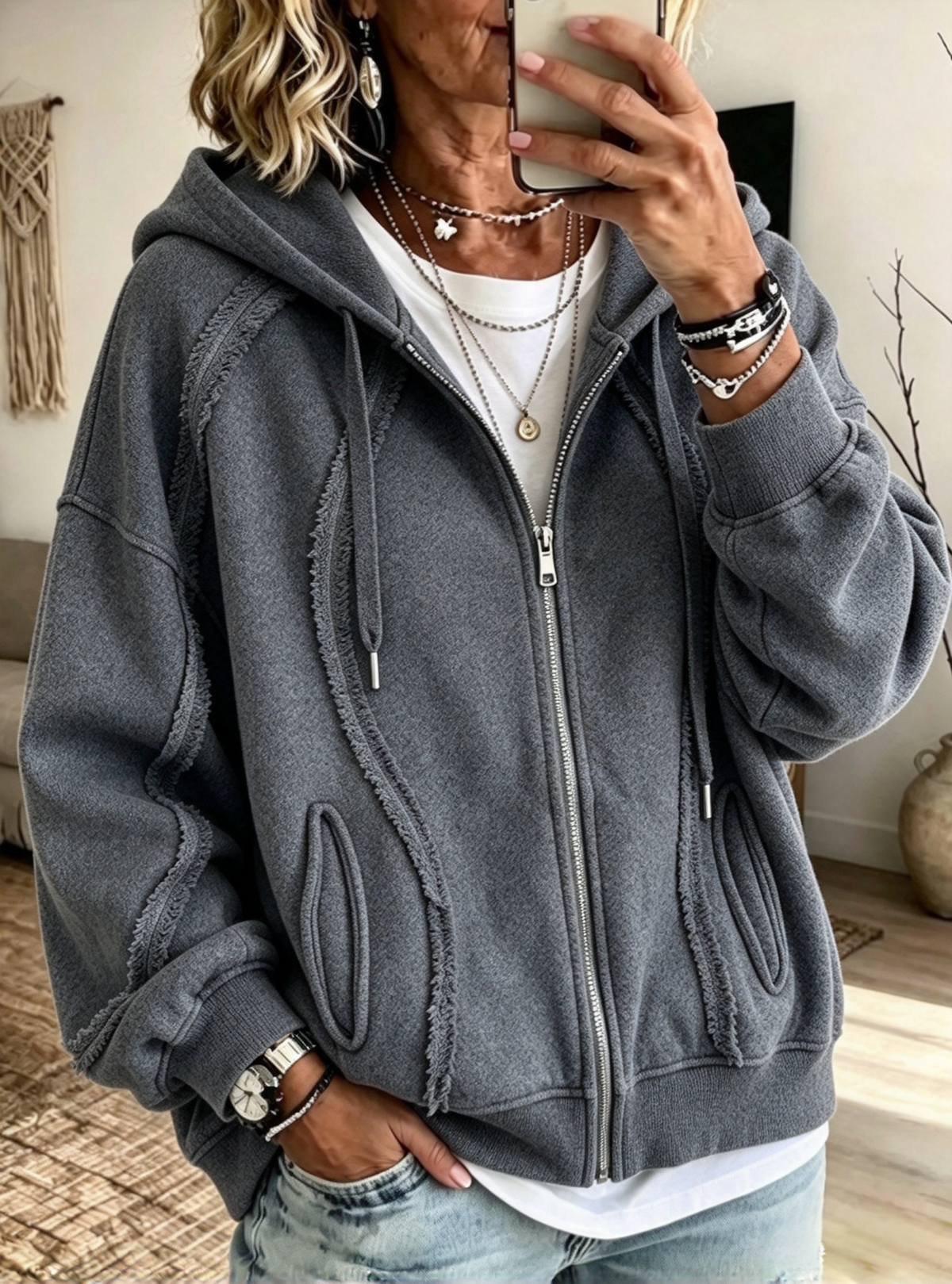 Casual Raw-edge Zip-up Hoodie