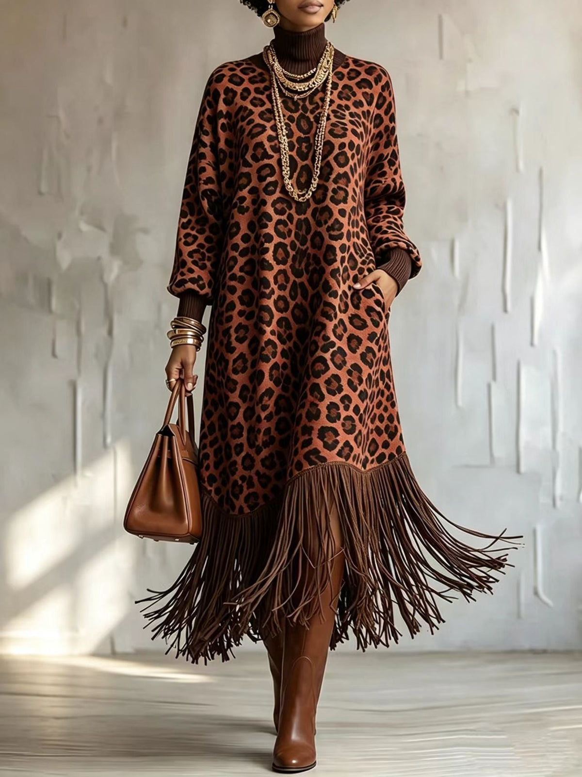 Boho Chic Wild Leopard Fringe Dress
