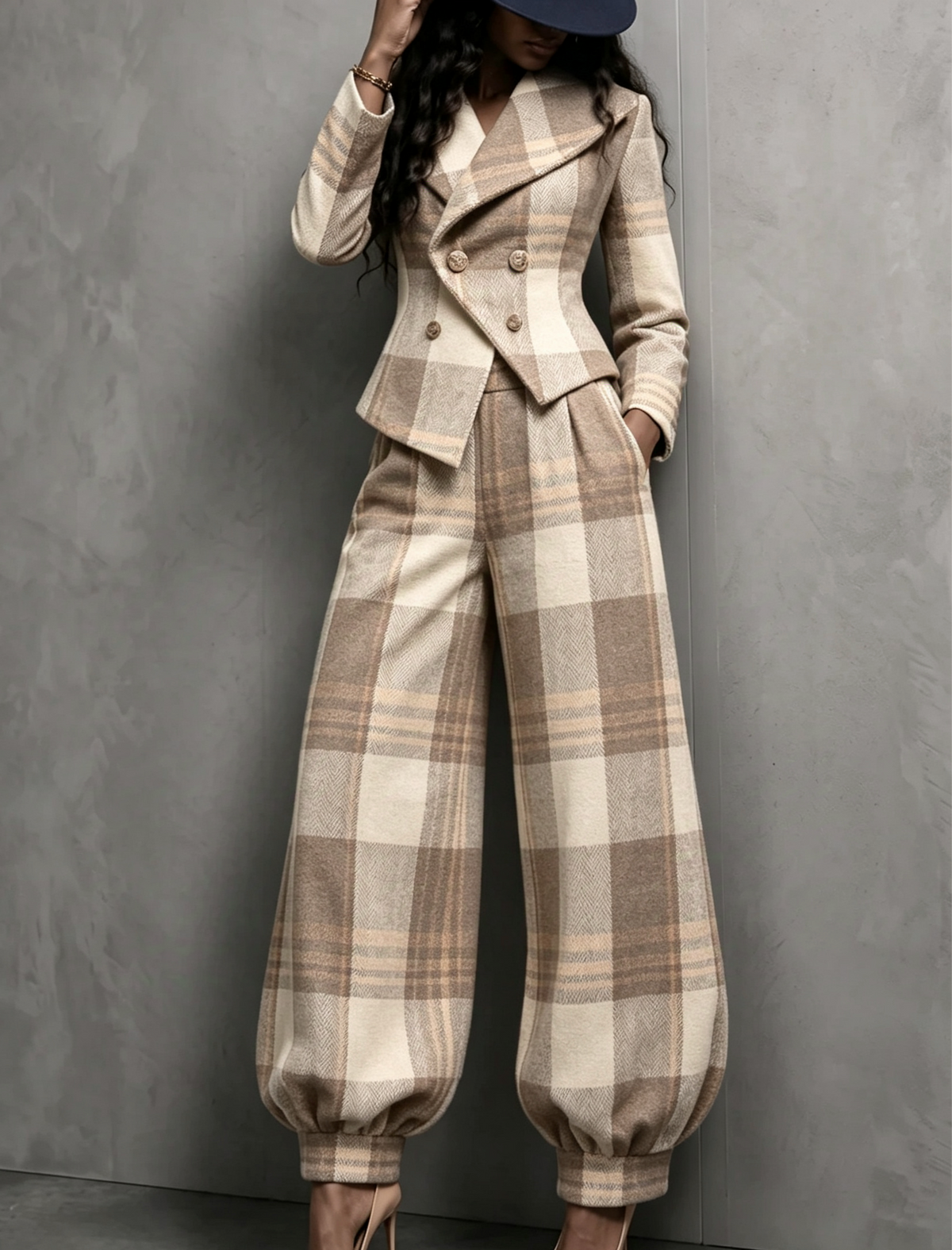 Plaid Blazer & Balloon Pants Set