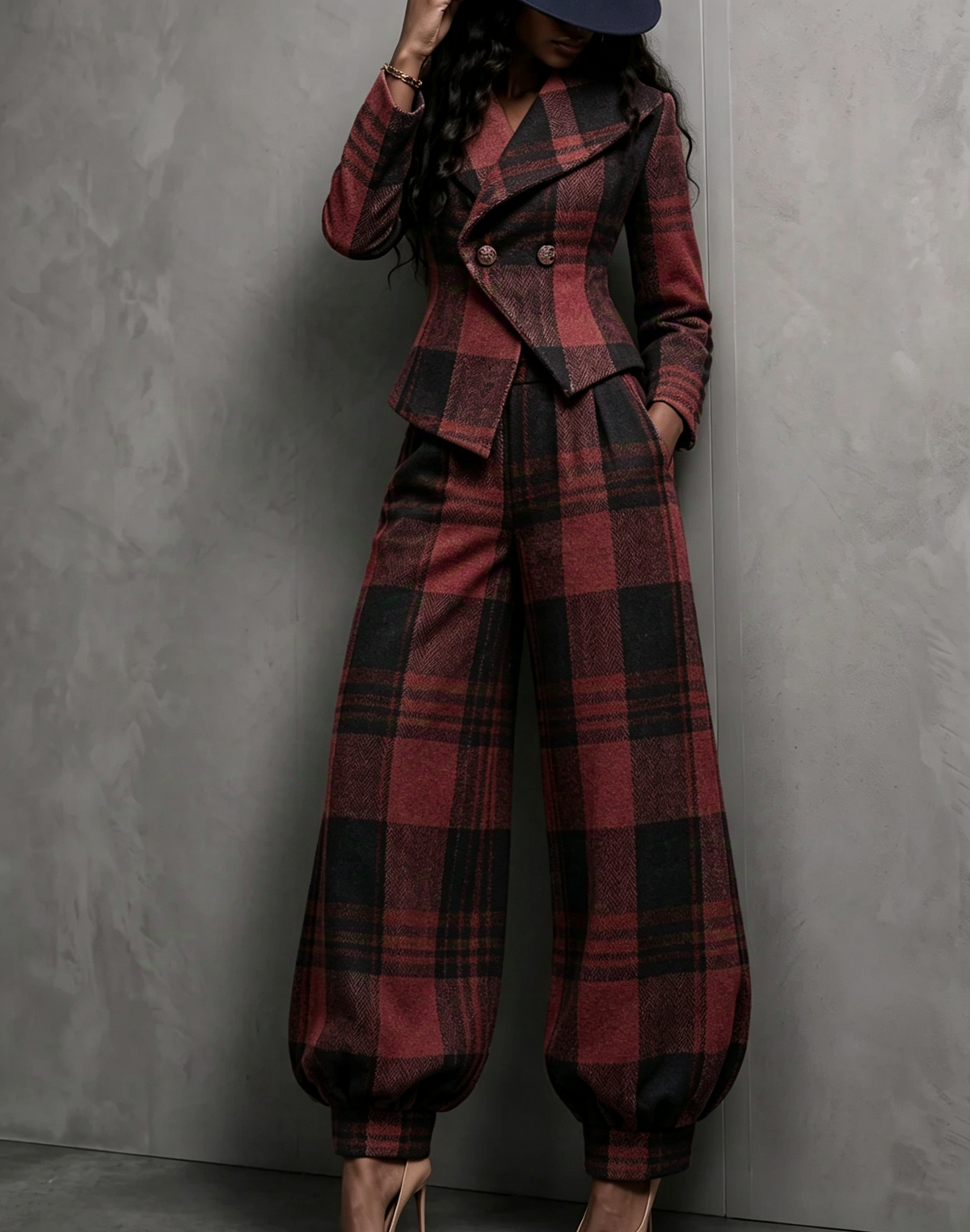 Plaid Blazer & Balloon Pants Set