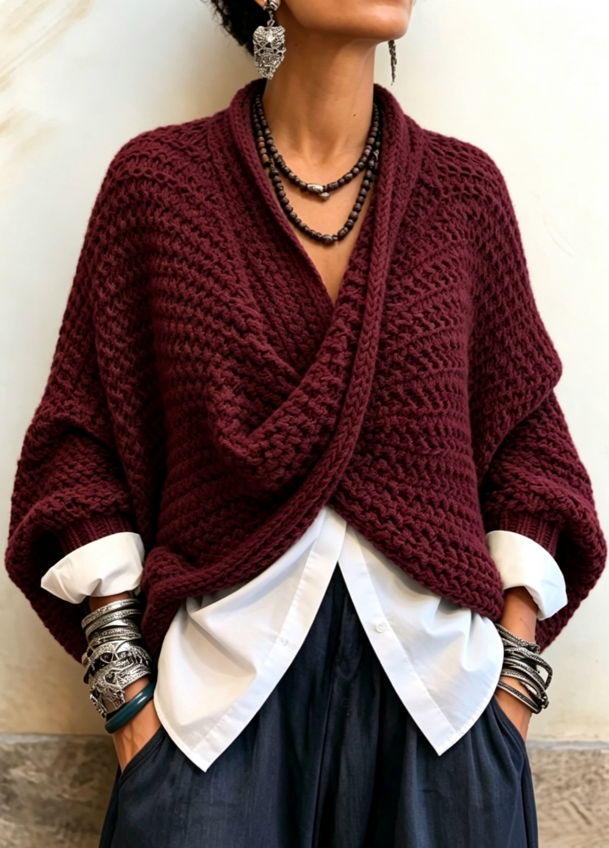 Cozy Relaxed Batwing Sleeves Crossover V-neck Sweater
