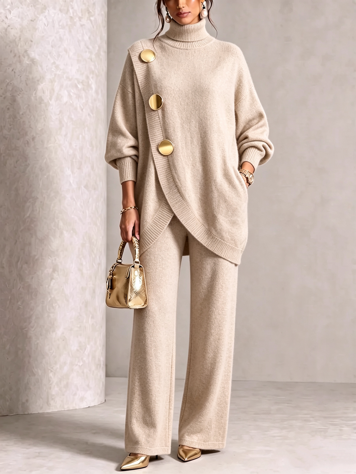 Elegant Knit Asymmetrical Button Set