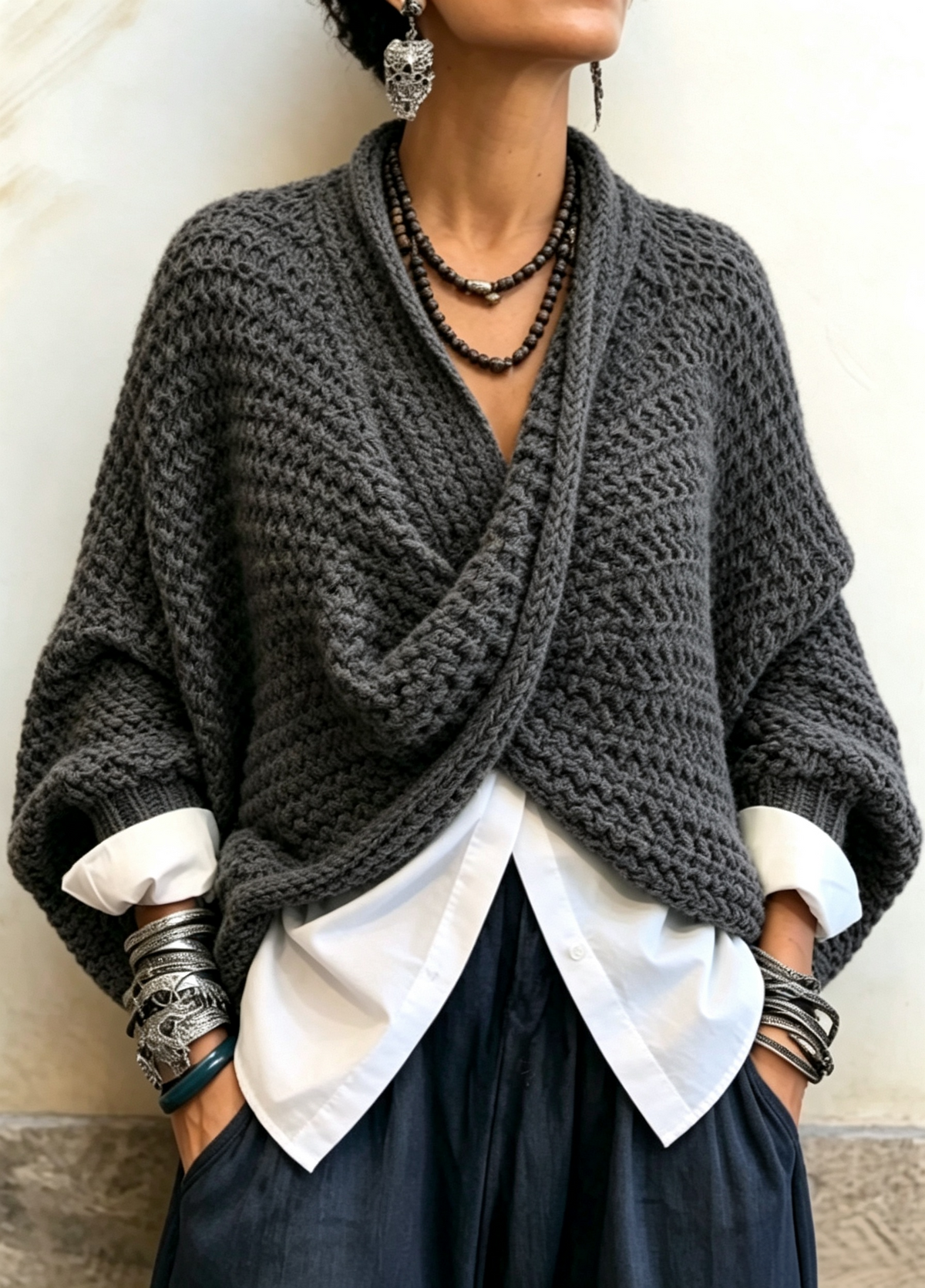 Cozy Relaxed Batwing Sleeves Crossover V-neck Sweater