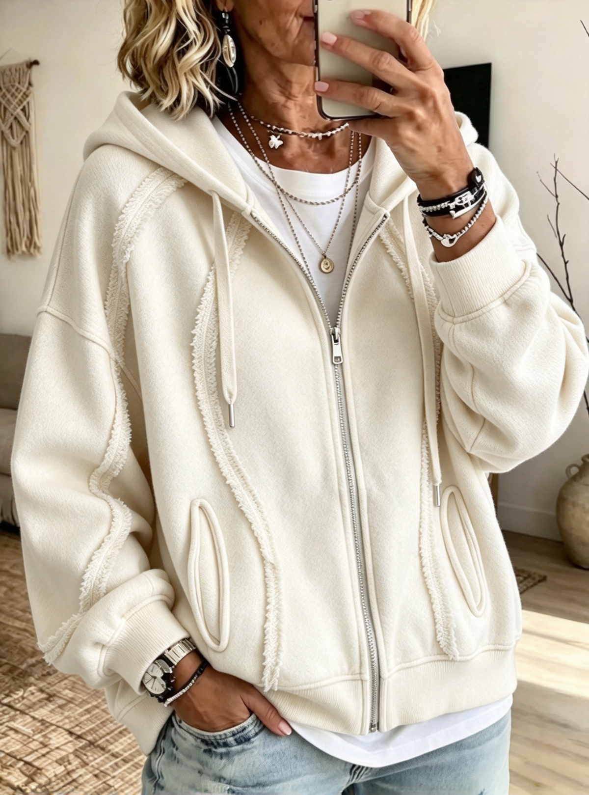 Casual Raw-edge Zip-up Hoodie