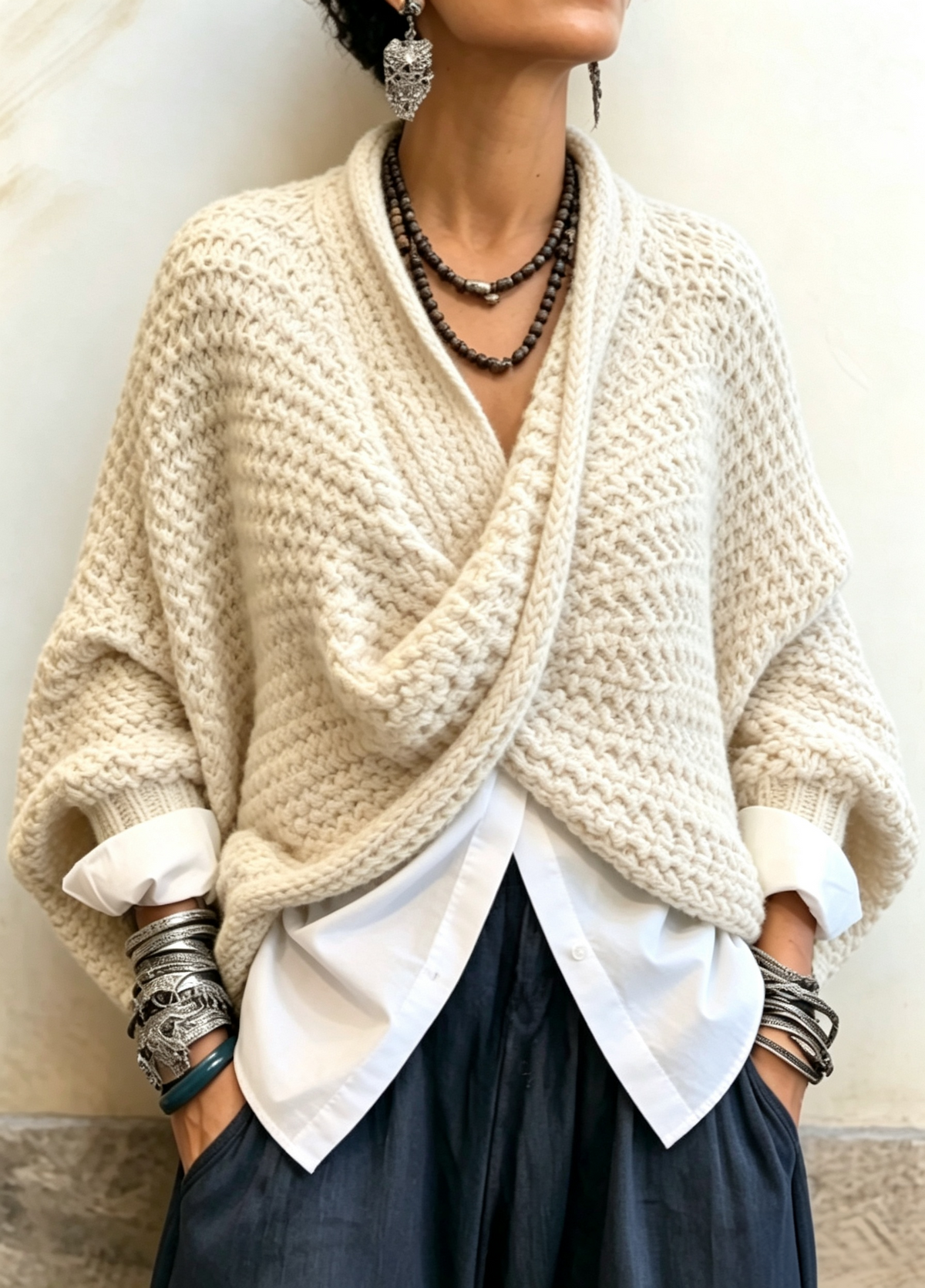 Cozy Relaxed Batwing Sleeves Crossover V-neck Sweater