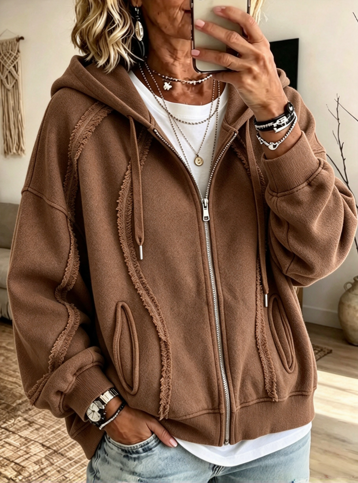 Casual Raw-edge Zip-up Hoodie