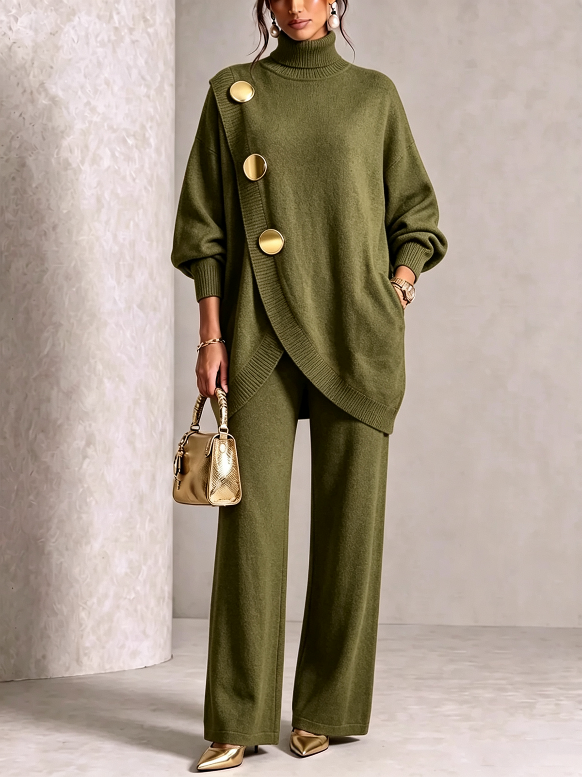 Elegant Knit Asymmetrical Button Set