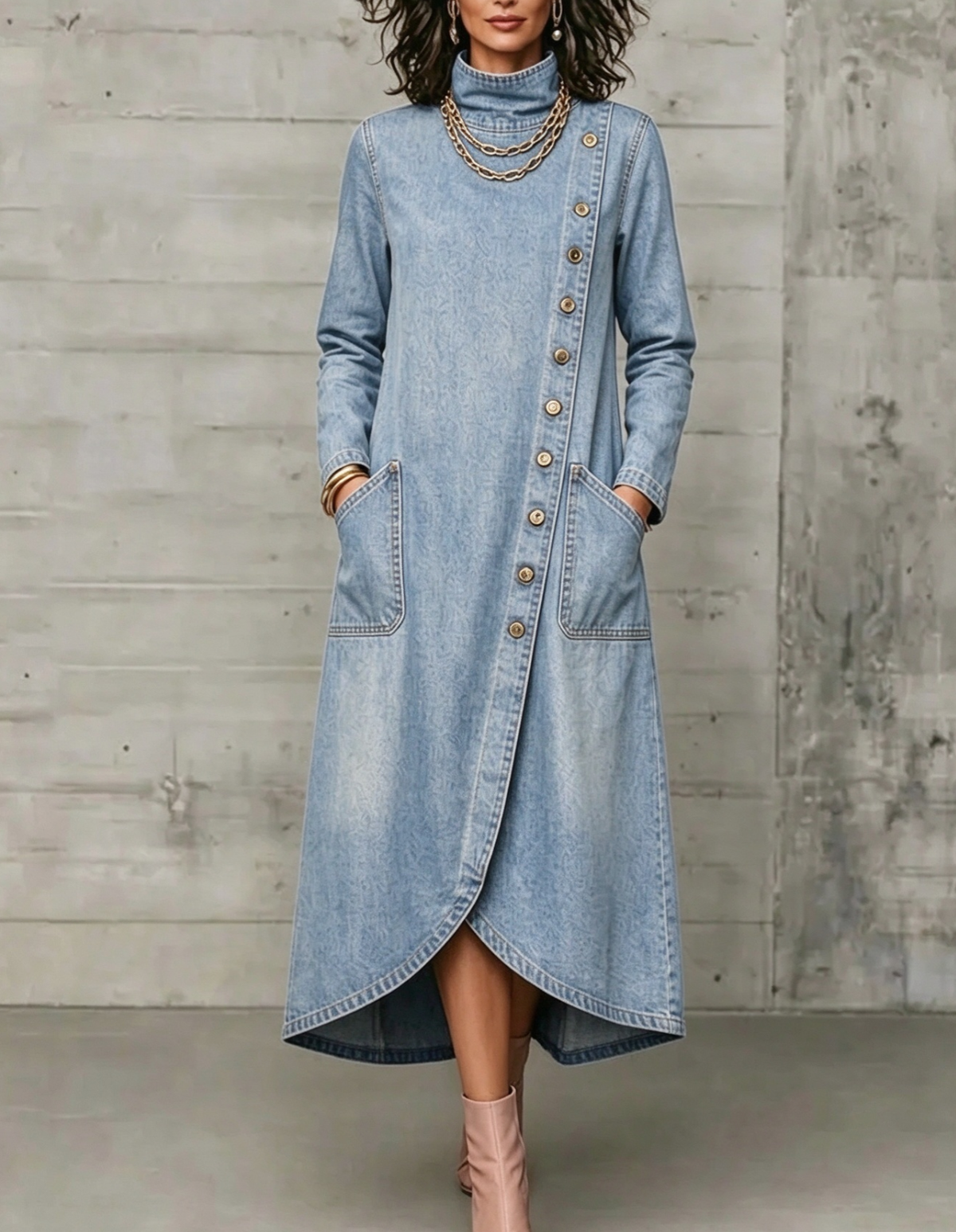 High Neck Diagonal Button Large Pocket Denim Maxi Dress