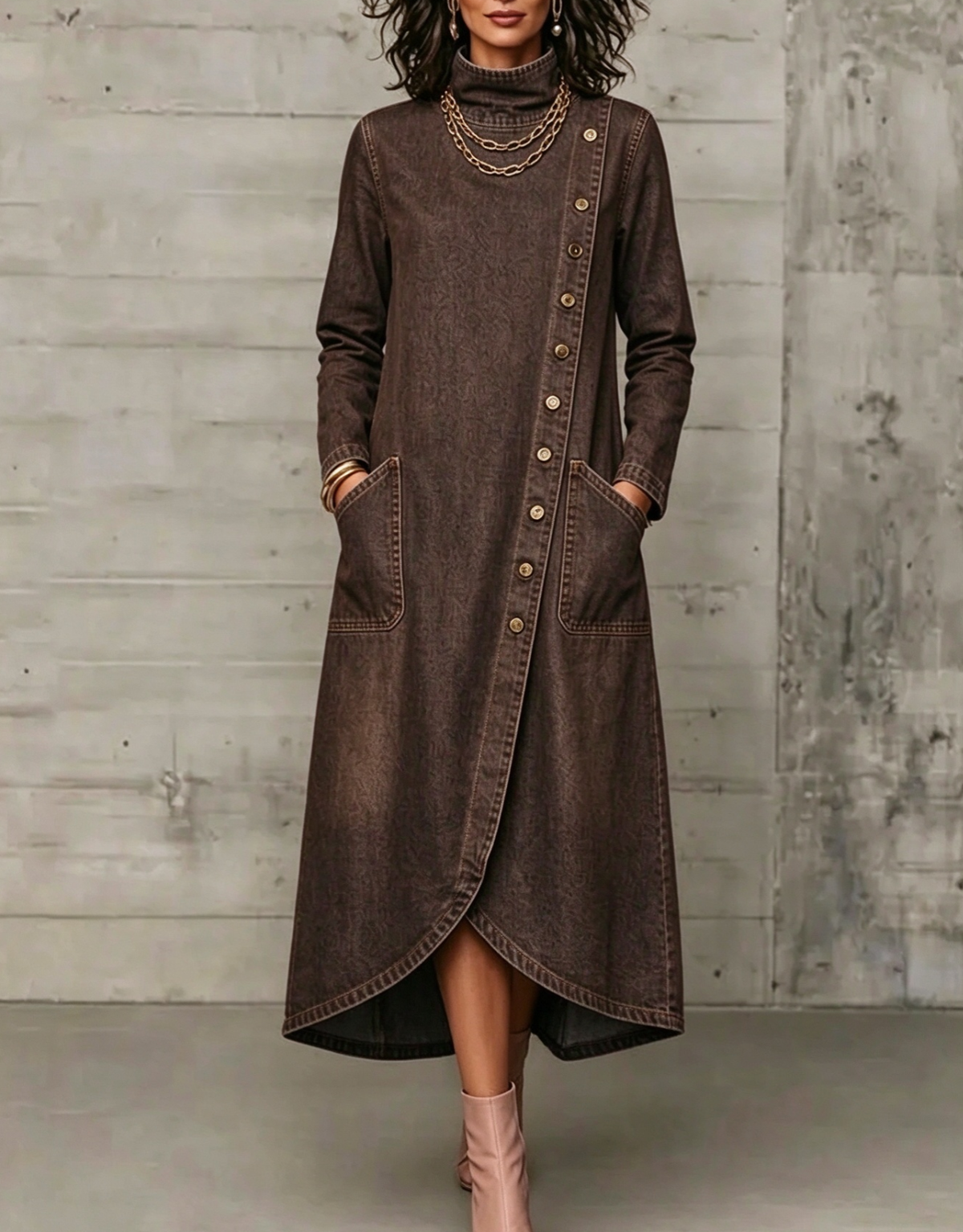 High Neck Diagonal Button Large Pocket Denim Maxi Dress