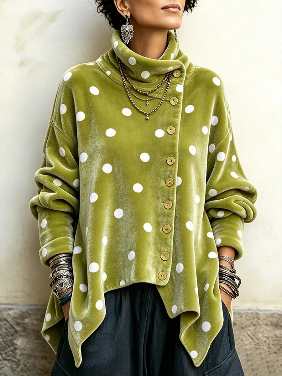 Chic Velvet Asymmetric Button Turtleneck Top