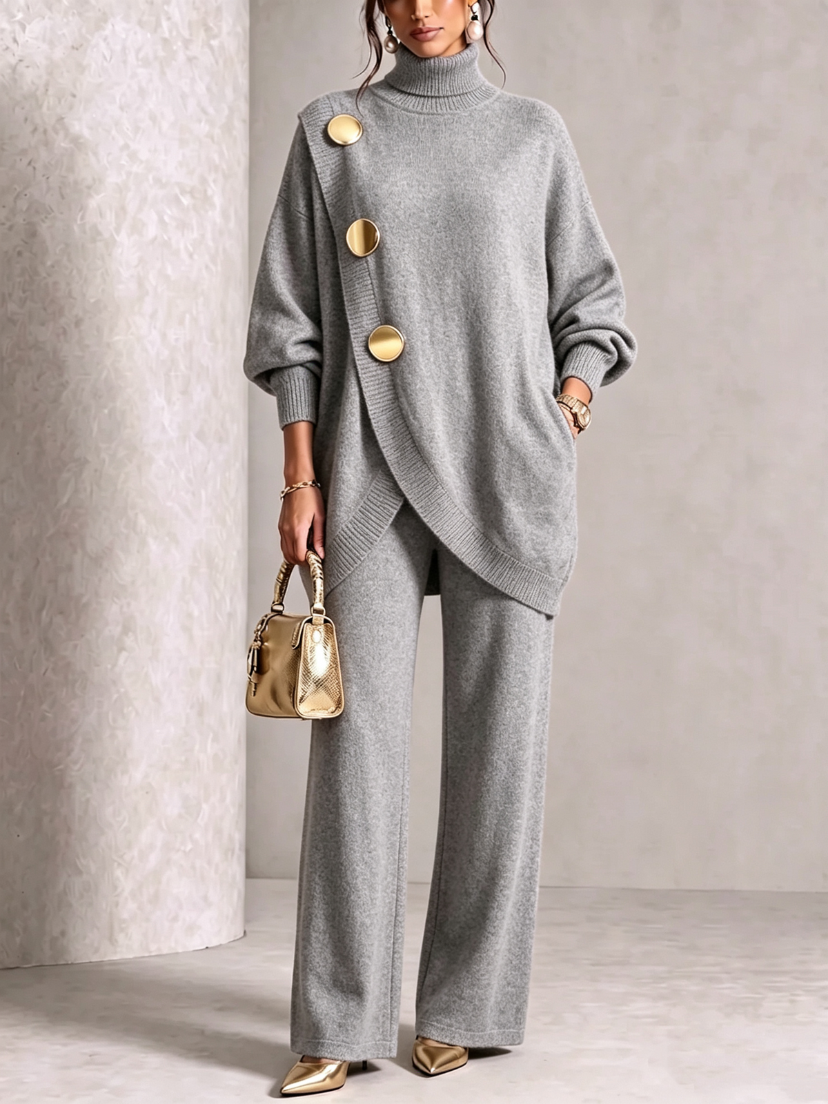 Elegant Knit Asymmetrical Button Set