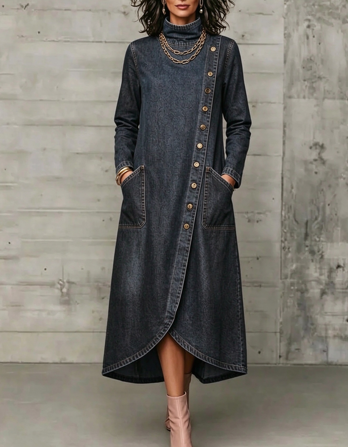 High Neck Diagonal Button Large Pocket Denim Maxi Dress