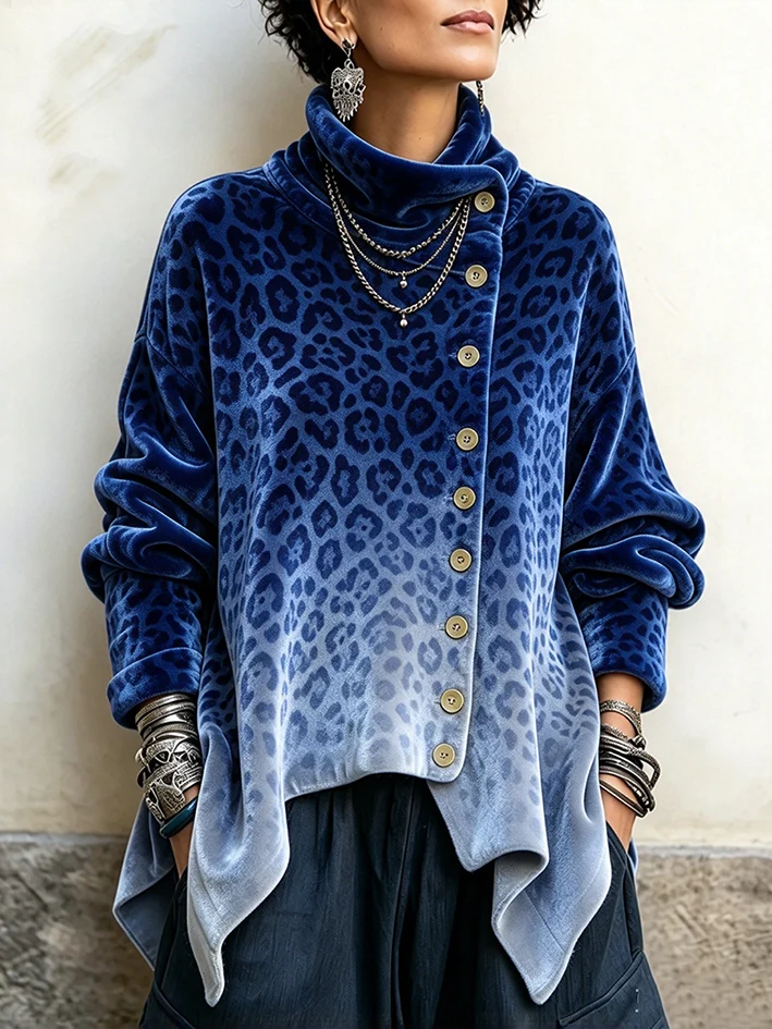 Chic Velvet Asymmetric Button Turtleneck Top