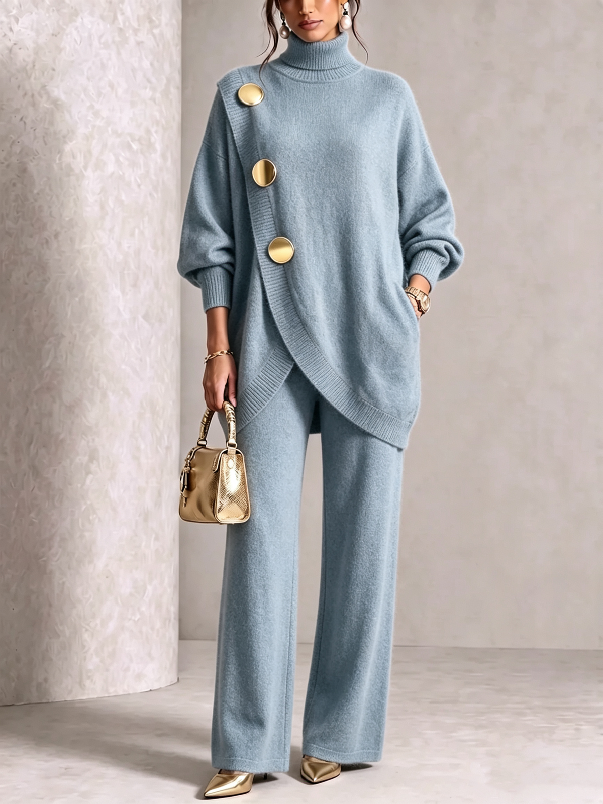 Elegant Knit Asymmetrical Button Set