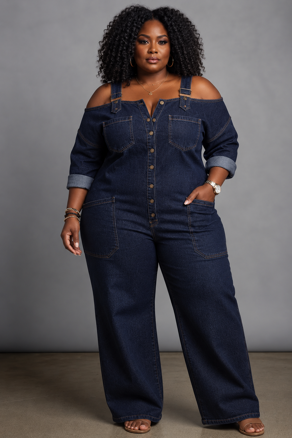 Sorrel - Off-Shoulder Denim Shirt Jumpsuit