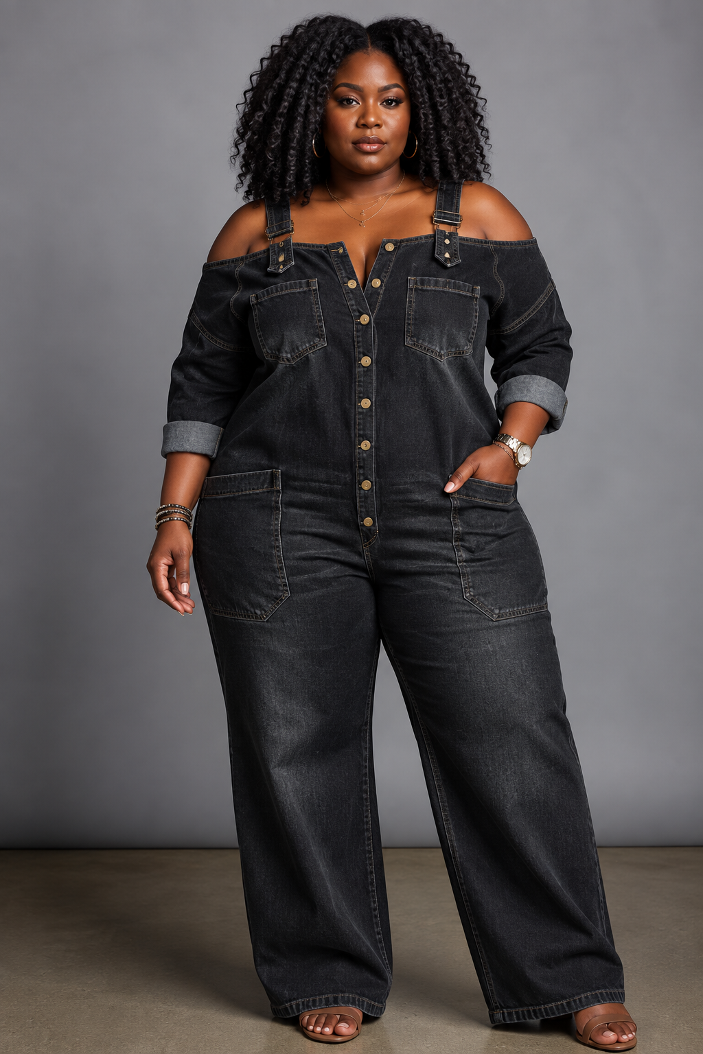 Sorrel - Off-Shoulder Denim Shirt Jumpsuit