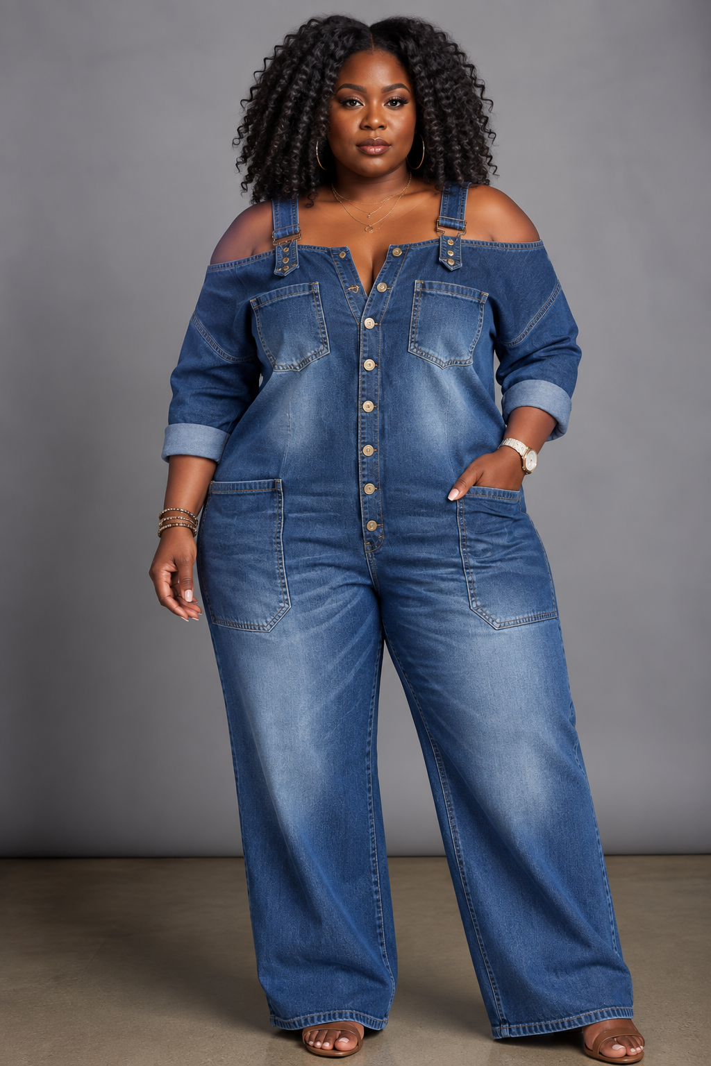 Sorrel - Off-Shoulder Denim Shirt Jumpsuit
