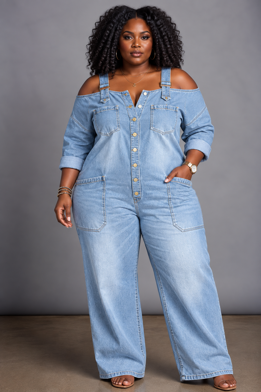 Sorrel - Off-Shoulder Denim Shirt Jumpsuit