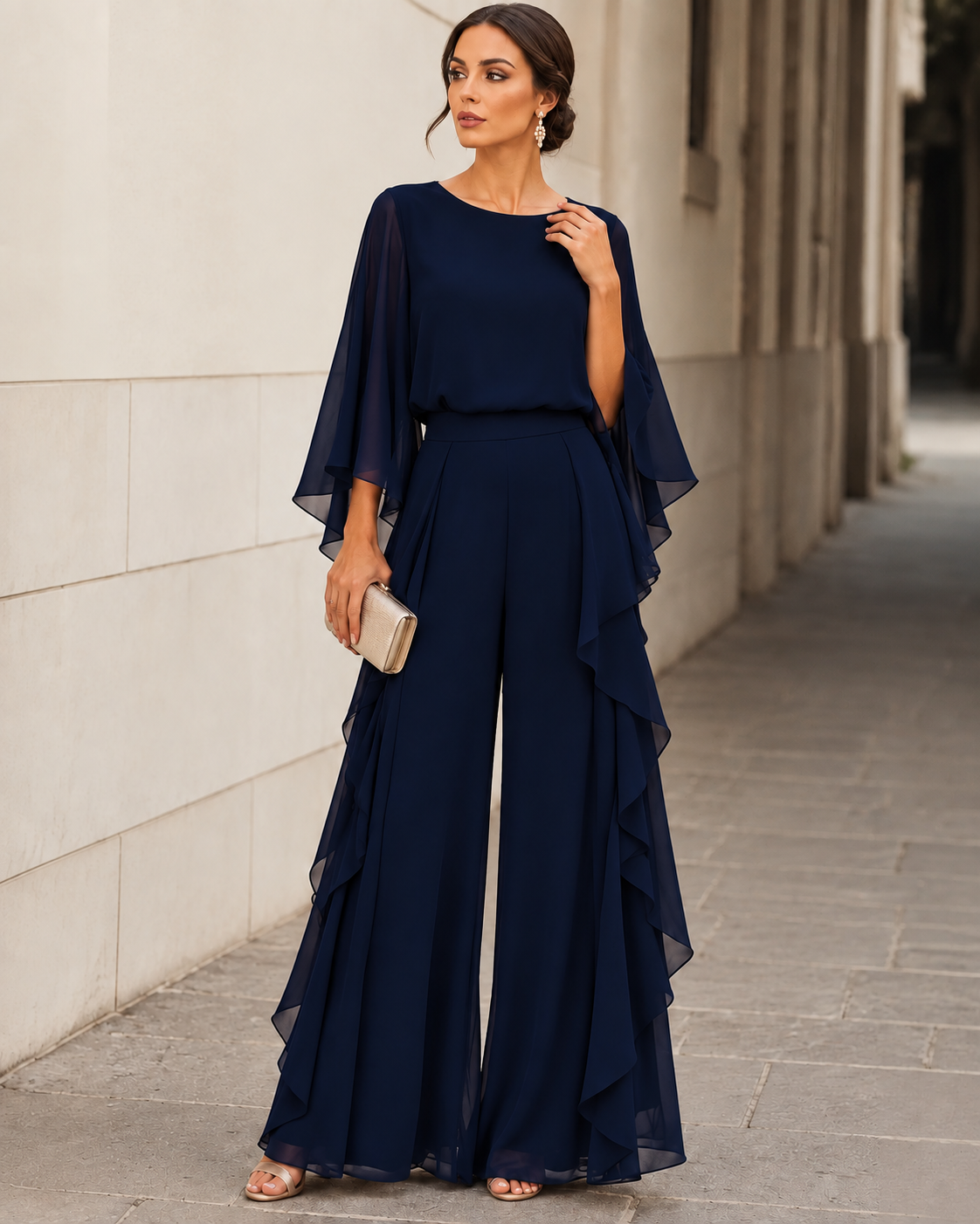 Lenorah Cape-Sleeve Chiffon Two-Piece Set