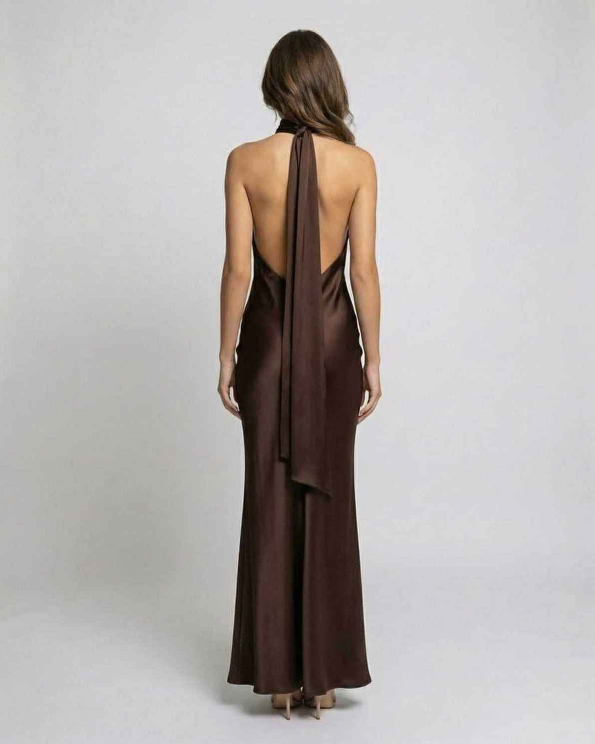 Medora | Elegant Chocolate Brown Halter Maxi Dress