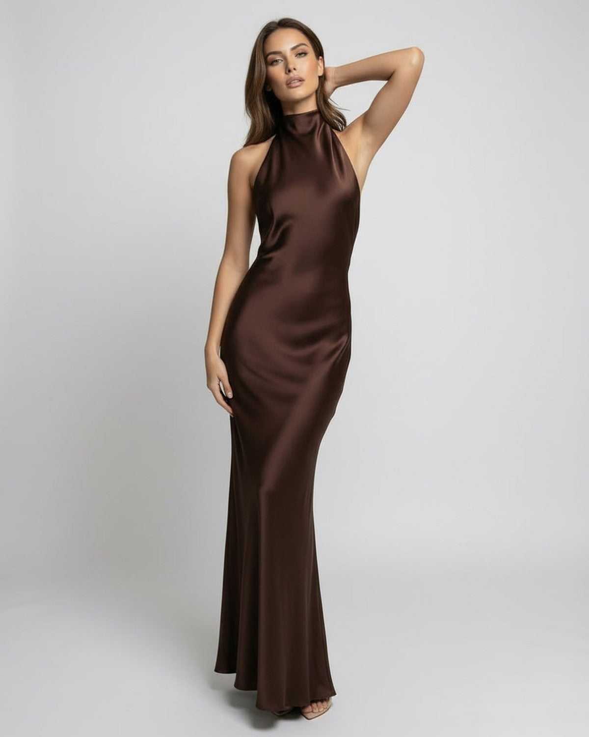 Medora | Elegant Chocolate Brown Halter Maxi Dress