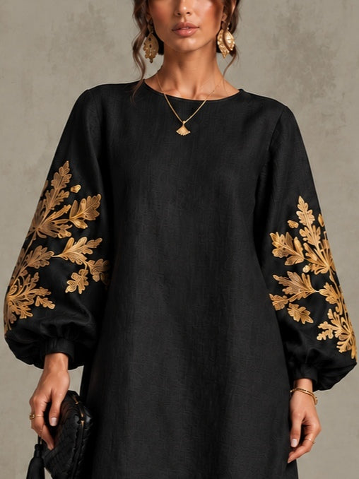 Black Gold Printed Round Neck Lantern Sleeve Loose Midi Dress