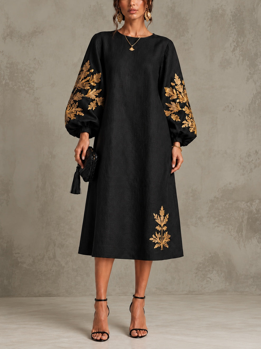 Black Gold Printed Round Neck Lantern Sleeve Loose Midi Dress