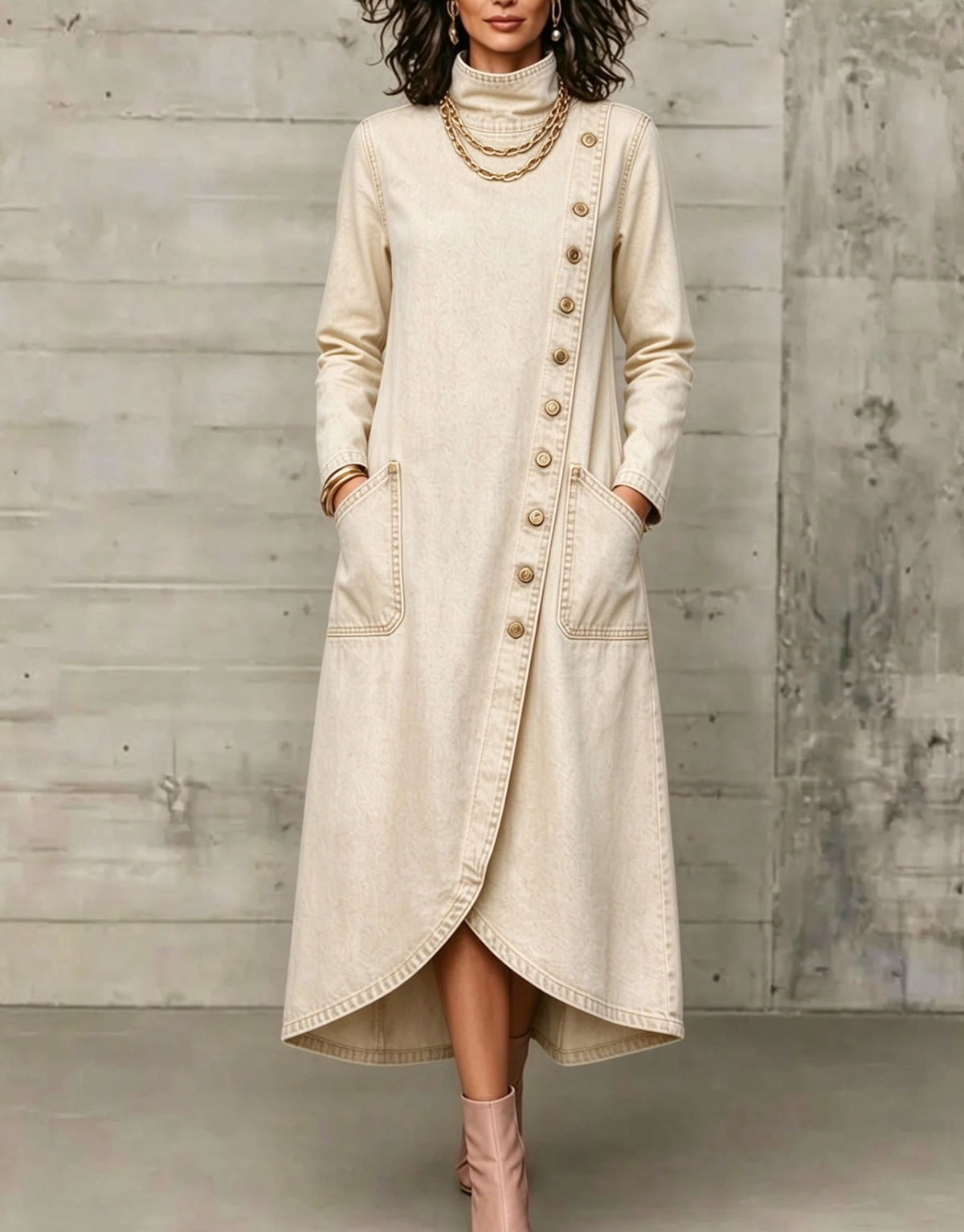 High Neck Diagonal Button Large Pocket Denim Maxi Dress
