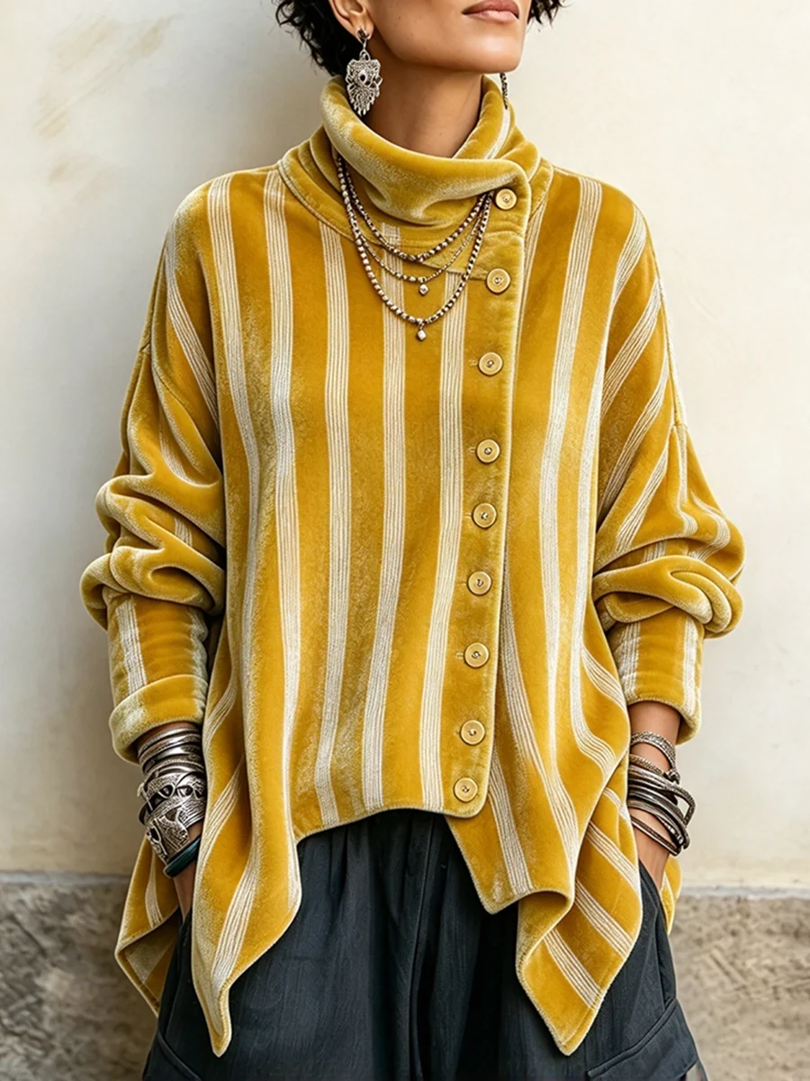 Chic Velvet Asymmetric Button Turtleneck Top