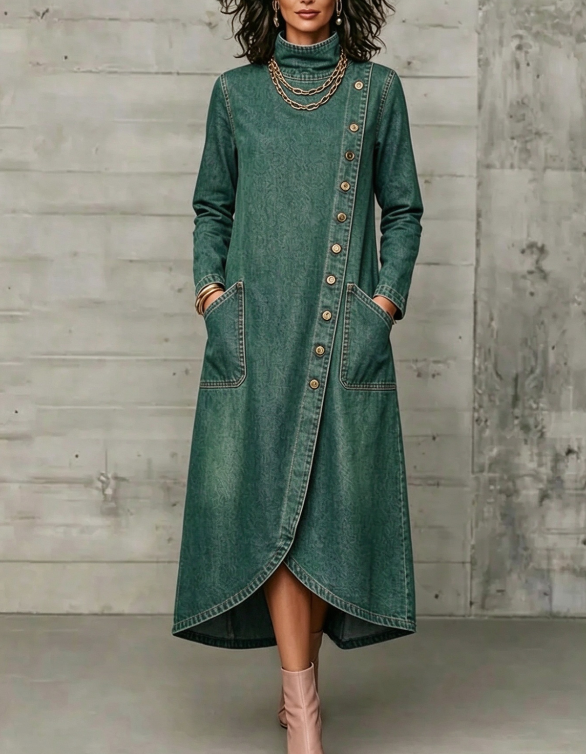 High Neck Diagonal Button Large Pocket Denim Maxi Dress