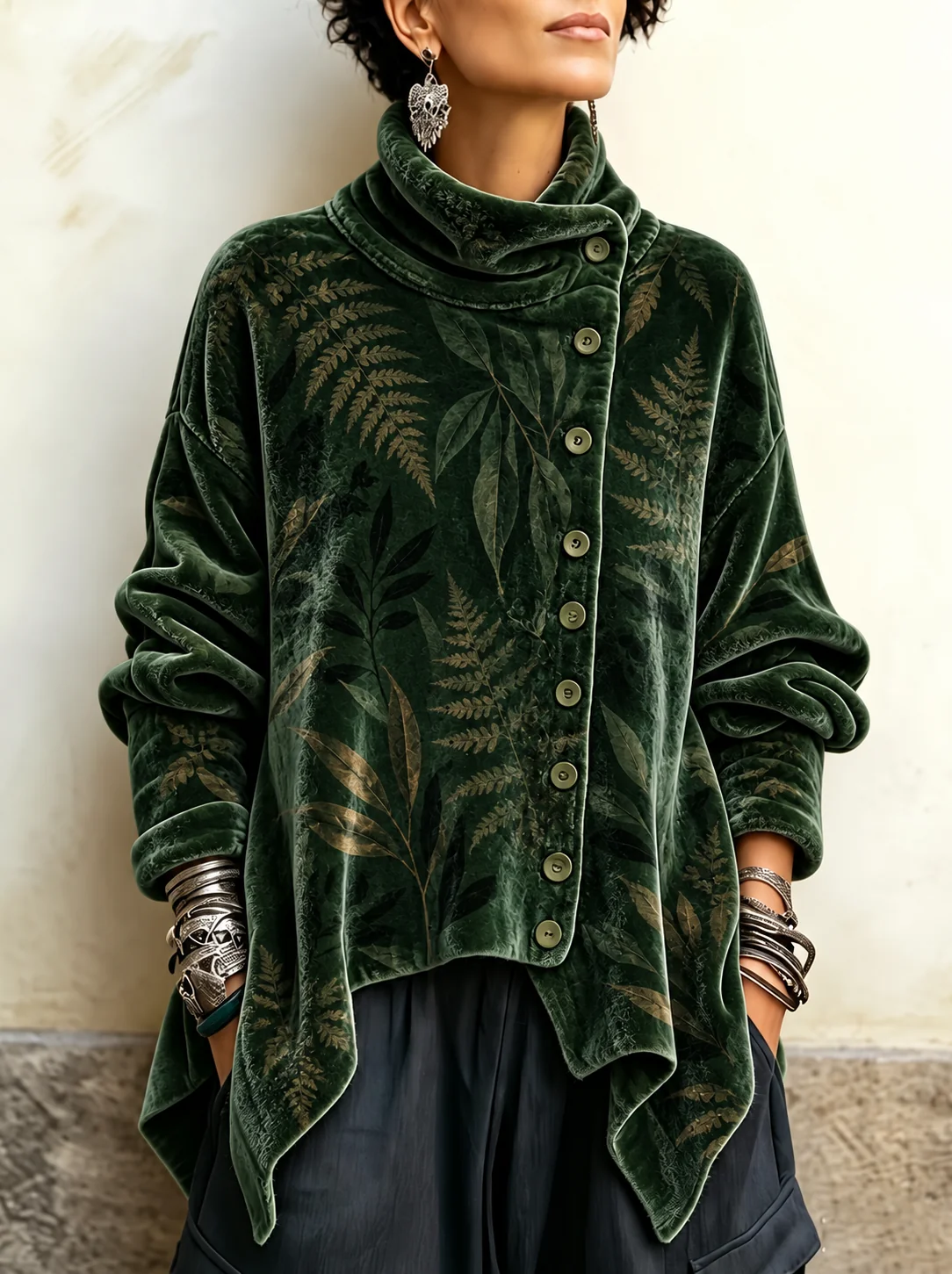 Chic Velvet Asymmetric Button Turtleneck Top