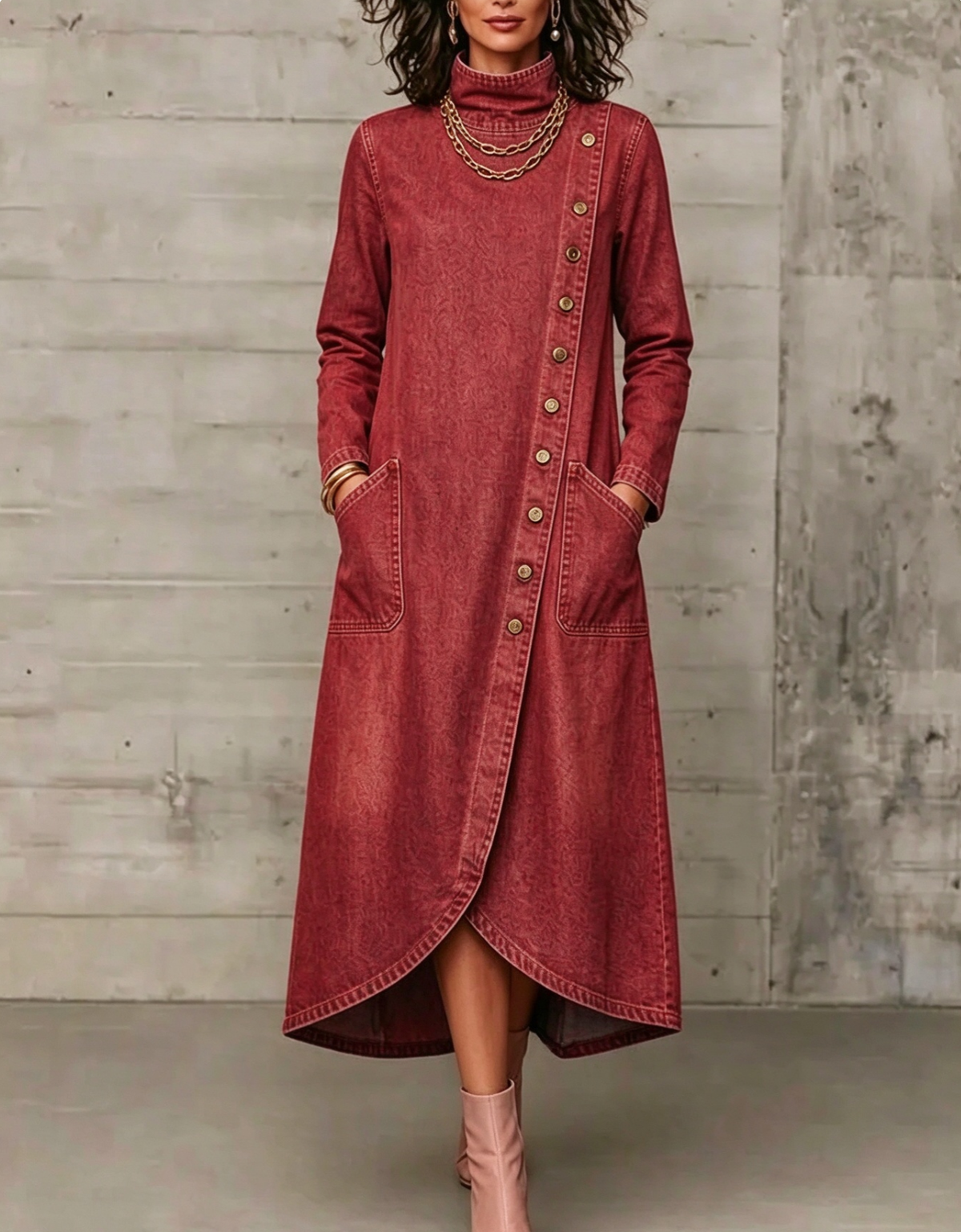 High Neck Diagonal Button Large Pocket Denim Maxi Dress