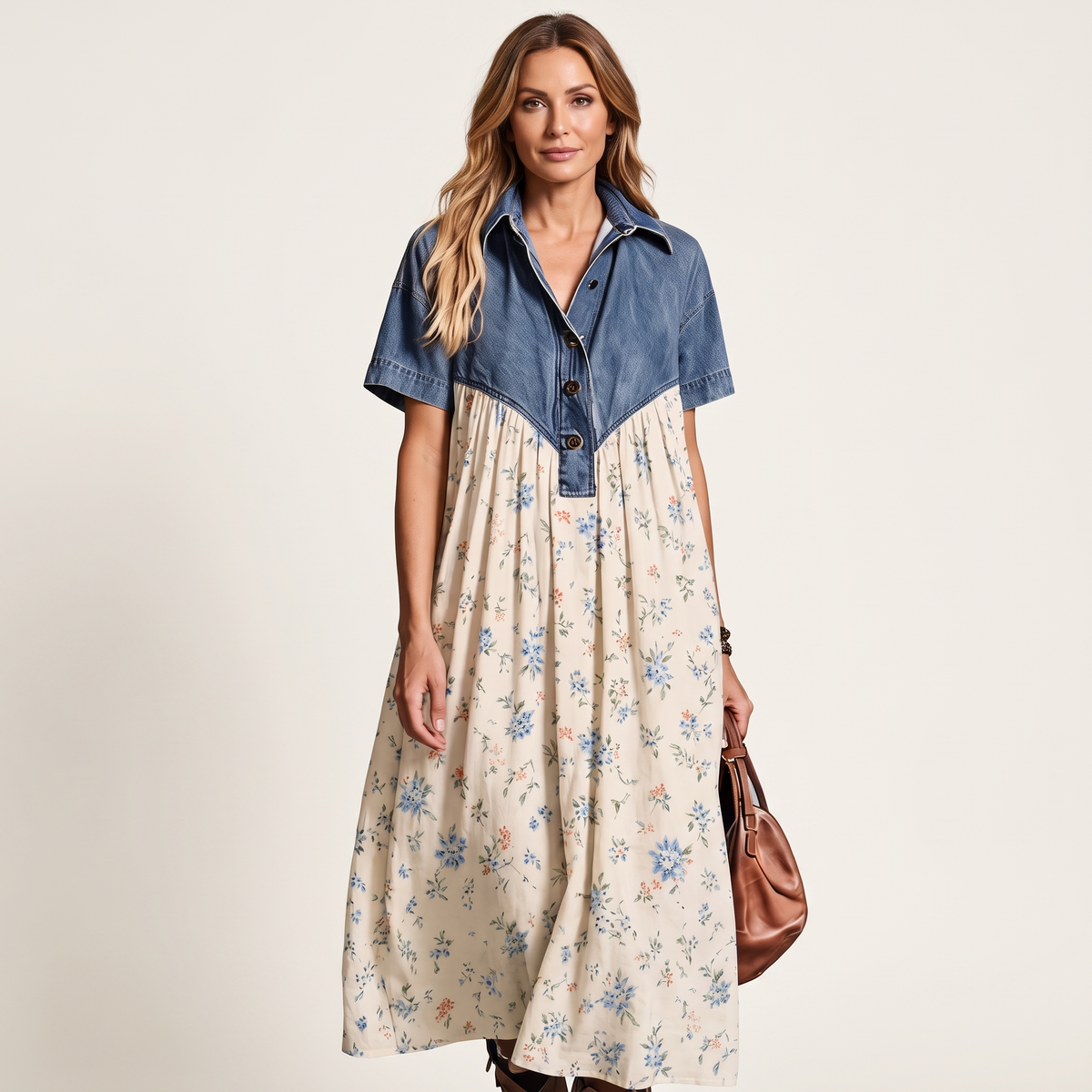 Syma | Denim Patchwork Print Maxi Dress