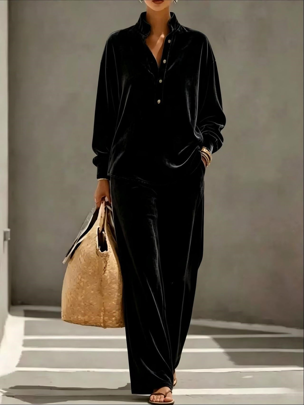 Loose And Cozy Velvet Two-piece Set (Top And Pants)