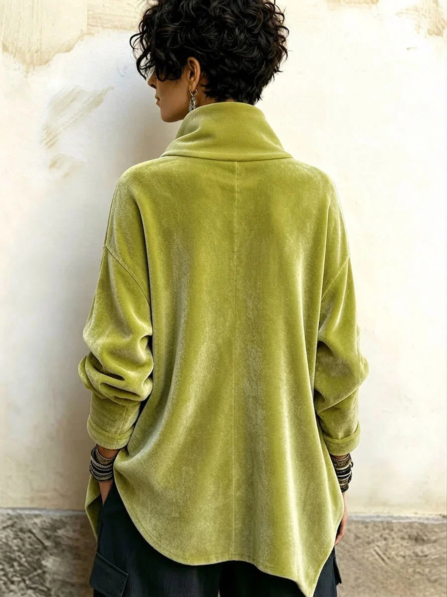 Chic Velvet Asymmetric Button Turtleneck Top