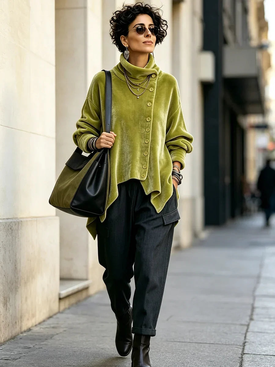Chic Velvet Asymmetric Button Turtleneck Top